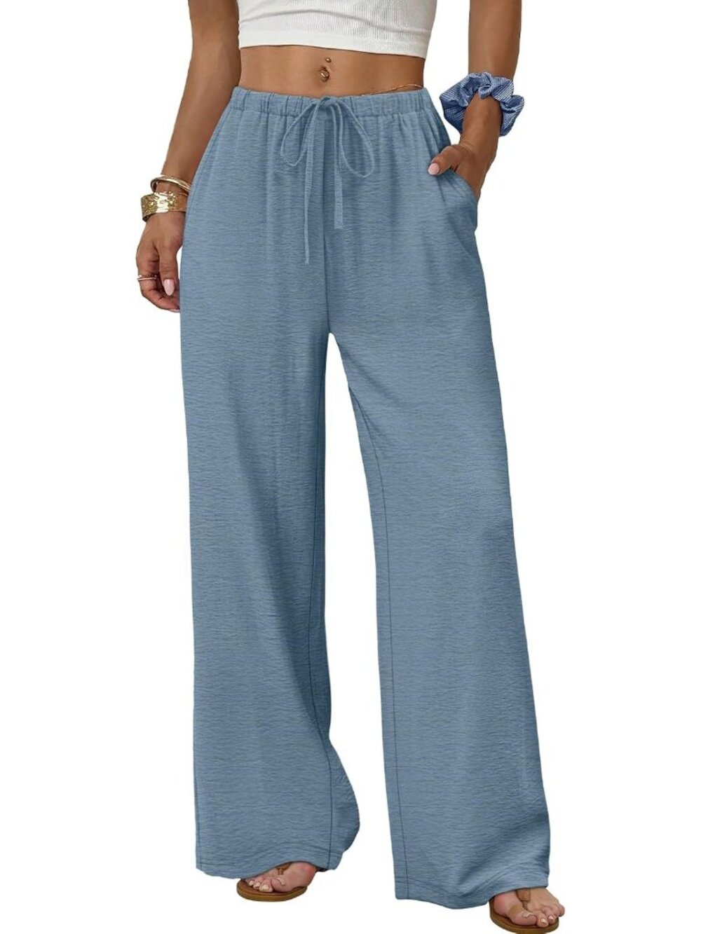 Women's Blue Flowy Elastic Waist Trousers with Pockets Summer Leg Pants